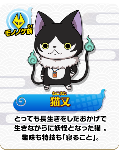 猫又／とっても長生きをしたおかげで生きながらに妖怪となった猫 。趣味も特技も「寝ること」。